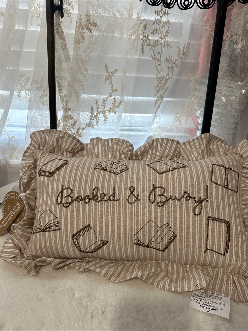 Moss & Willow “booked & busy!” Embroidered pillow decor